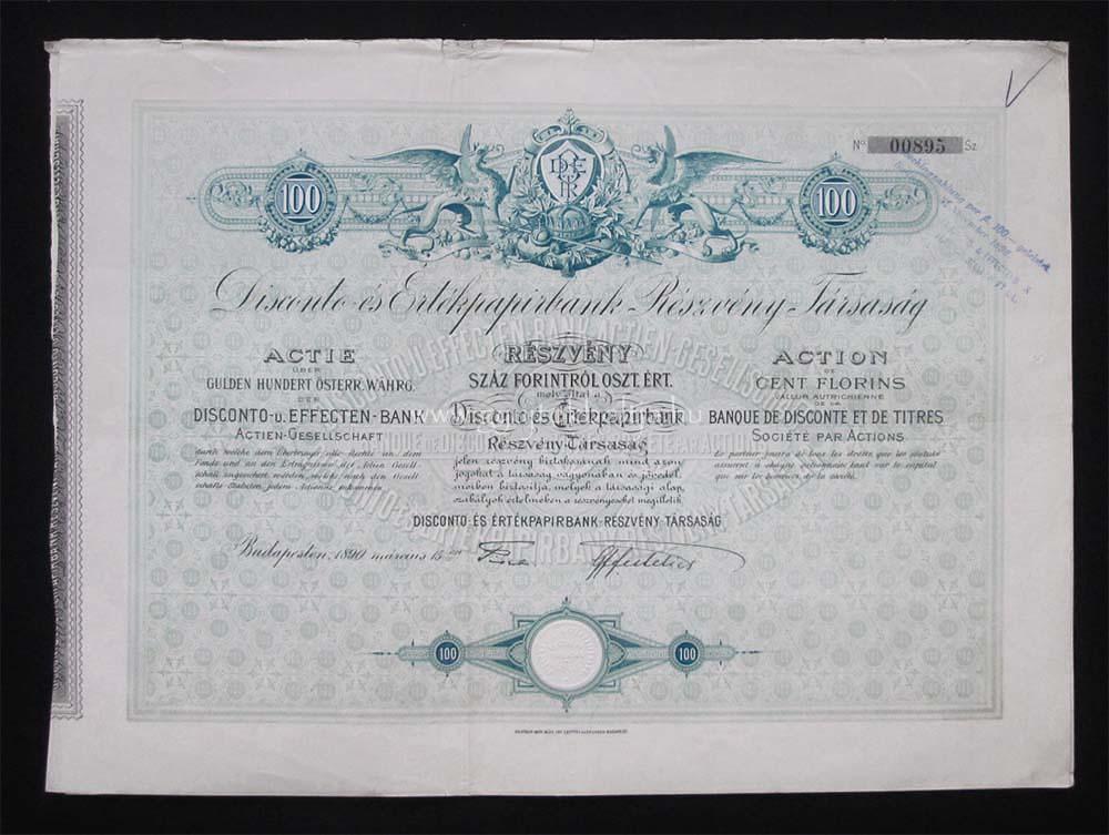 Disconto- és Értékpapírbank részvény 100 forint 1890